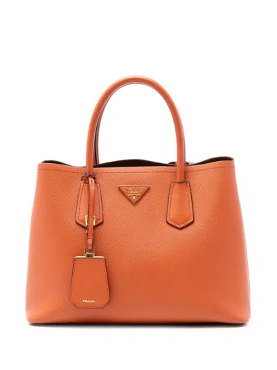 Pre-owned Prada 2010-2026 Medium Saffiano Cuir Double Satchel In Orange