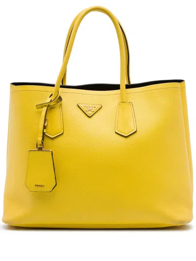 Pre-owned Prada 2010-2026 Medium Saffiano Cuir Double Satchel In Yellow
