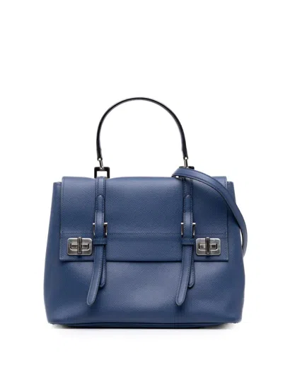 Pre-owned Prada 2010-2026 Medium Saffiano Cuir Double Turnlock Satchel In Blue