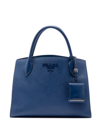 Pre-owned Prada 2010-2026 Medium Saffiano Cuir Monochrome Top Handle Tote Satchel In Blue