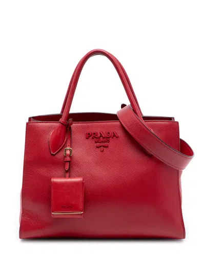 Pre-owned Prada 2010-2026 Medium Saffiano Cuir Monochrome Top Handle Tote Satchel In Red