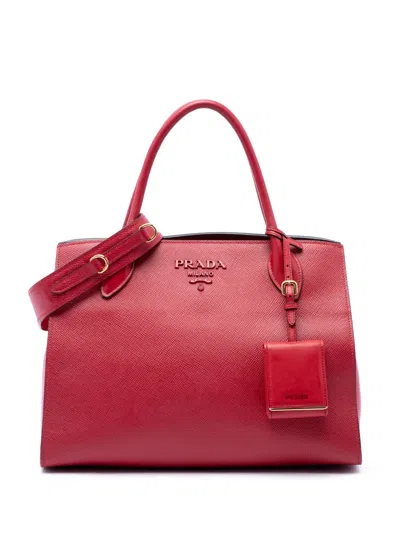 Pre-owned Prada 2010-2026 Medium Saffiano Cuir Monochrome Top Handle Tote Satchel In Red