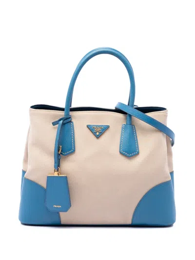 Pre-owned Prada 2010-2026 Medium Saffiano Cuir Trimmed Canvas Double Satchel In Neutrals
