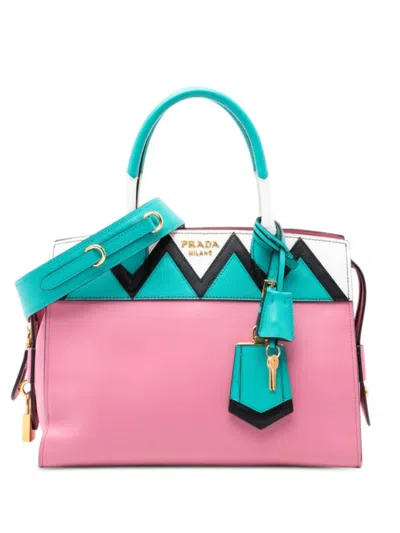 Pre-owned Prada 2010-2026 Medium Saffiano Trimmed City Calf Greca Esplanade Satchel In Pink