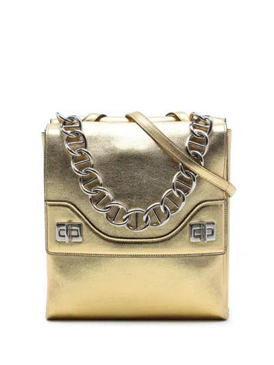 Pre-owned Prada 2010-2026 Metallic Leather Double Flap Turn Lock Satchel In Gold