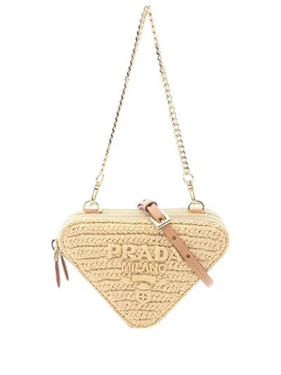 Pre-owned Prada 2010-2026 Mini Raffia Crochet Logo Embroidered Triangle Pouch Satchel In Neutral