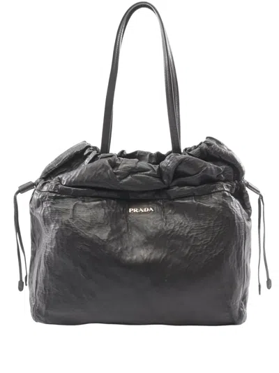 Pre-owned Prada 2010-2026 Nappa Antique Drawstring Tote Bag In Black