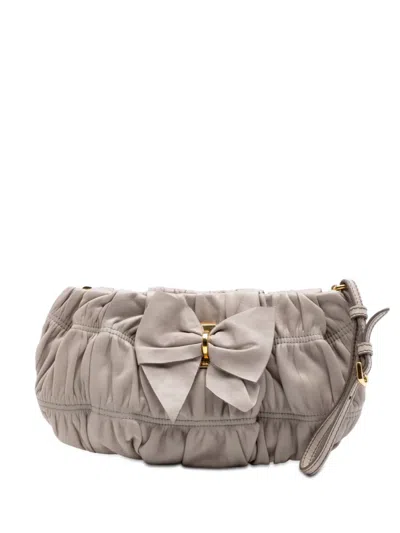 Pre-owned Prada 2010-2026 Nappa Gaufre Bow Wristlet Clutch Bag In Gray
