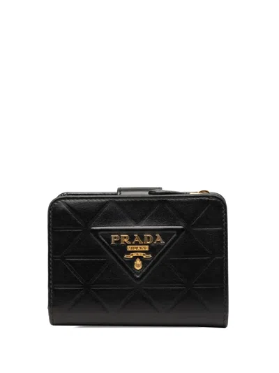 Pre-owned Prada 2010-2026 Quilted Soft Calf Triangle Bifold Wallet Small Wallets In Black
