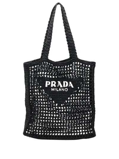 Pre-owned Prada 2010-2026 Raffia Effect Crochet Embroidered Logo Tote Bag In Black