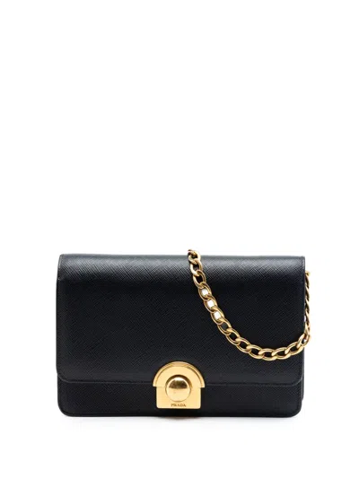 Pre-owned Prada 2010-2026 Saffiano Arcade Wallet On Chain Crossbody Bag In Black