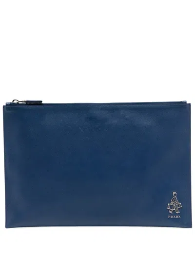 Pre-owned Prada 2010-2026 Saffiano Bellboy Voyage Clutch Bag In Blue