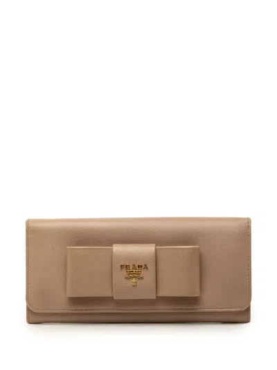 Pre-owned Prada 2010-2026 Saffiano Bow Continental Wallet Long Wallets In Brown