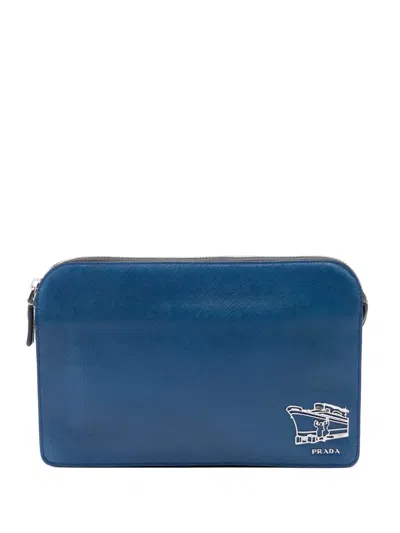 Pre-owned Prada 2010-2026 Saffiano Cruise Ship Voyage Clutch Bag In Blue