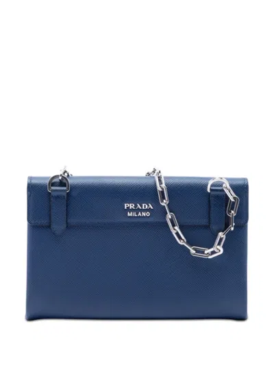 Pre-owned Prada 2010-2026 Saffiano Cuir Twist Lock Chain Flap Crossbody Bag In Blue