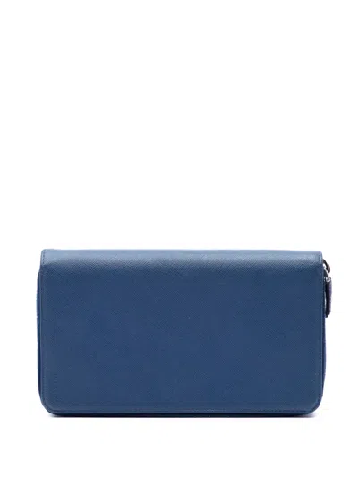 Pre-owned Prada 2010-2026 Saffiano Double Zip Wallet Long Wallets In Blue