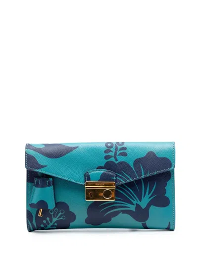 Pre-owned Prada 2010-2026 Saffiano Hibiscus Print Sound Lock Clutch Bag In Blue