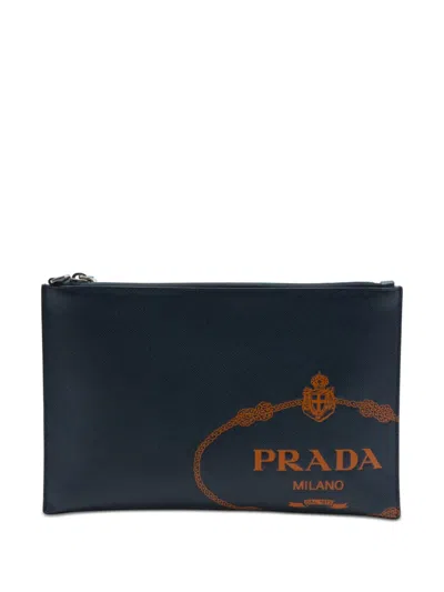Pre-owned Prada 2010-2026 Saffiano Logo Clutch Bag In Blue