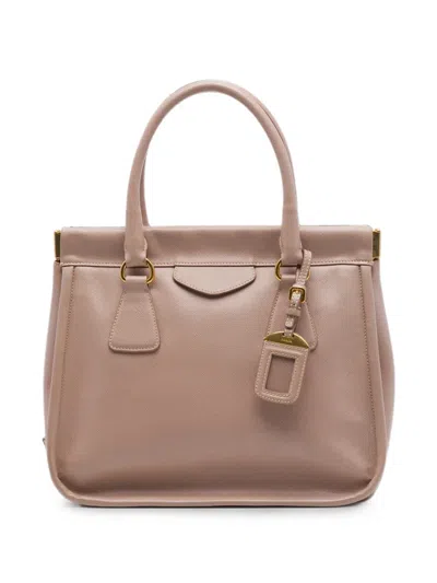 Pre-owned Prada 2010-2026 Saffiano Lucido Top Handle Frame Tote Bag In Brown