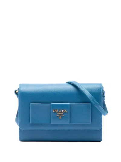 Pre-owned Prada 2010-2026 Saffiano Lux Bow Wallet On Strap Crossbody Bag In Blue