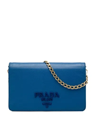 Pre-owned Prada 2010-2026 Saffiano Lux Monochrome Wallet On Chain Crossbody Bag In Blue