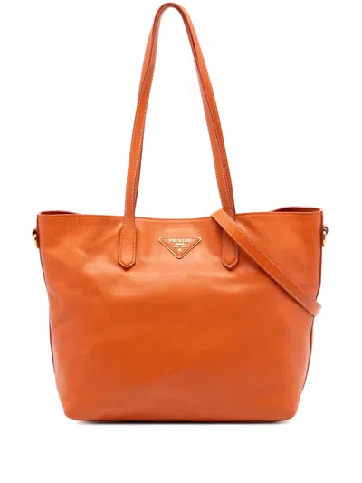 Pre-owned Prada 2010-2026 Saffiano Open Convertible Tote Satchel In Orange