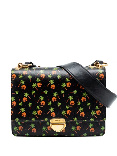 Pre-owned Prada 2010-2026 Saffiano Palm Tree And Hut Print Flap Crossbody Bag In Black