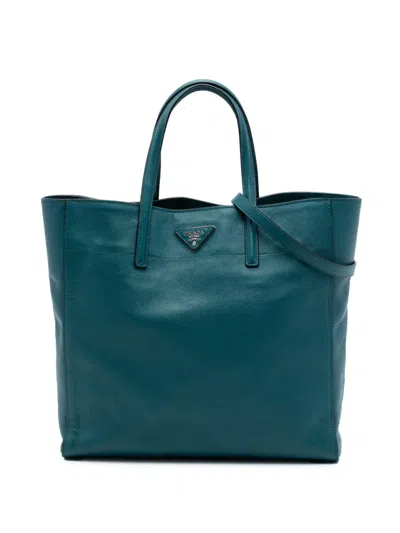 Pre-owned Prada 2010-2026 Saffiano Soft Triple Pocket Tote Satchel In Blue