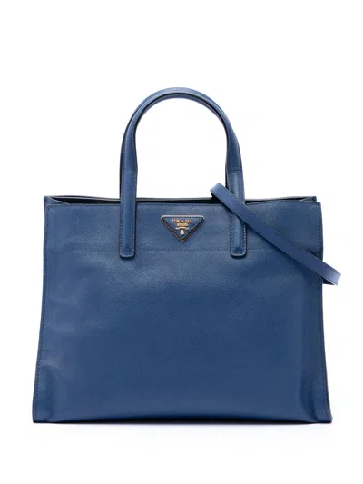 Pre-owned Prada 2010-2026 Saffiano Soft Triple Pocket Tote Satchel In Blue