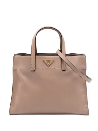 Pre-owned Prada 2010-2026 Saffiano Soft Triple Pocket Tote Satchel In Brown