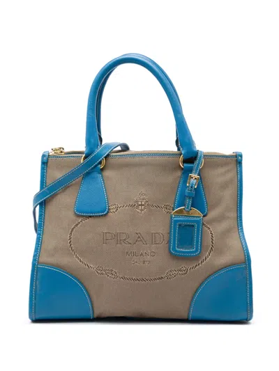 Pre-owned Prada 2010-2026 Saffiano Trimmed Canvas Canapa Logo Double Zip Satchel In Brown