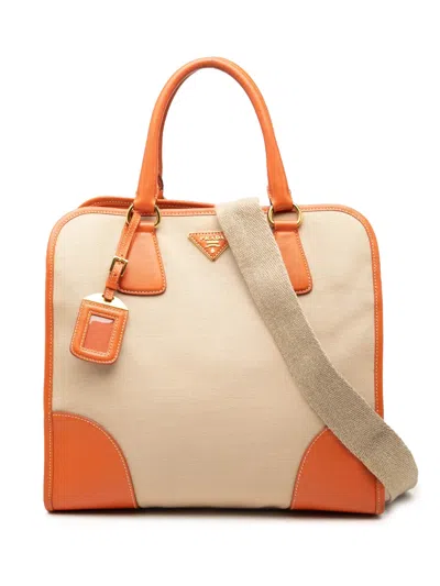 Pre-owned Prada 2010-2026 Saffiano Trimmed Canvas Canapa Logo Satchel In Neutrals