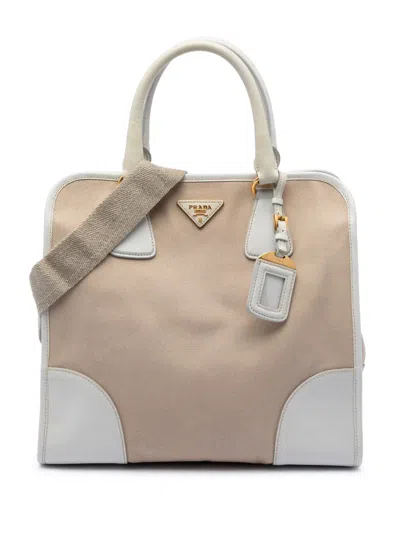 Pre-owned Prada 2010-2026 Saffiano Trimmed Canvas Canapa Satchel In Brown