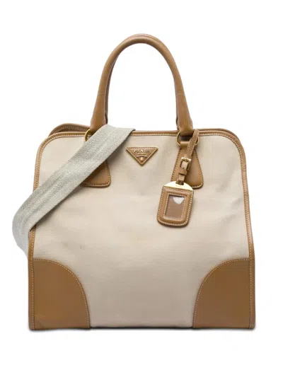 Pre-owned Prada 2010-2026 Saffiano Trimmed Canvas Canapa Satchel In Brown