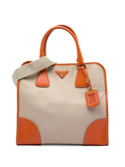 Pre-owned Prada 2010-2026 Saffiano Trimmed Canvas Canapa Satchel In Neutrals