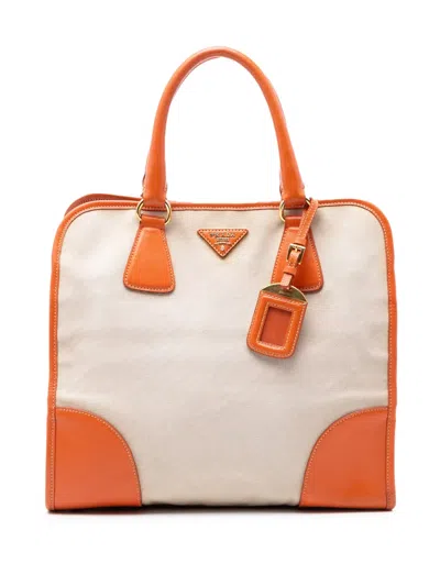 Pre-owned Prada 2010-2026 Saffiano Trimmed Canvas Canapa Satchel In Orange