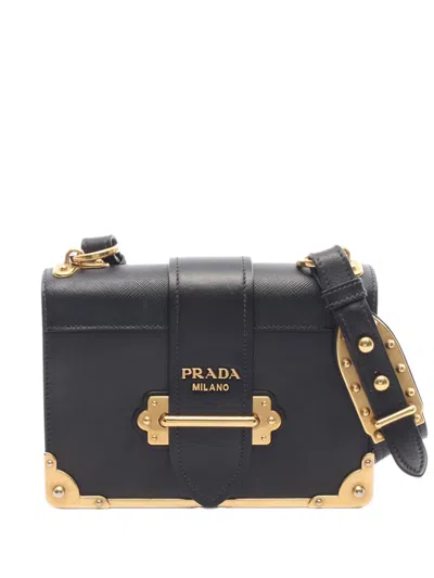 Pre-owned Prada 2010-2026 Saffiano Trimmed City Calf Cahier Crossbody Bag In Black