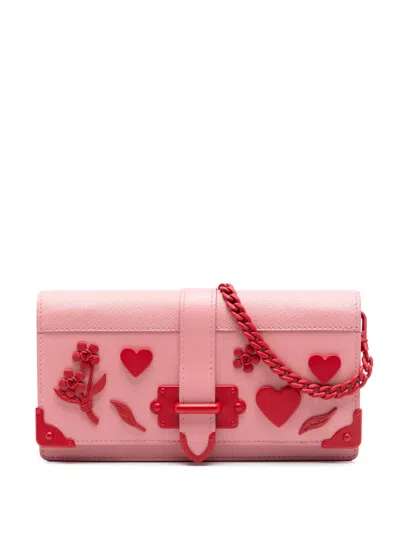 Pre-owned Prada 2010-2026 Saffiano Trimmed City Calf Cahier Heart And Flower Wallet On Chain Crossbody Bag In Pink