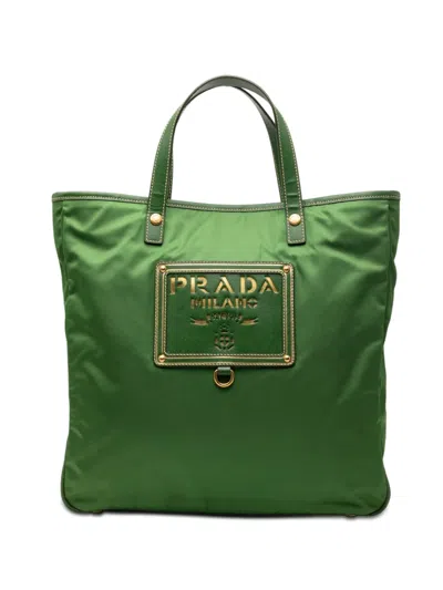 Pre-owned Prada 2010-2026 Saffiano Trimmed Tessuto Logo Plate Convertible Tote Satchel In Green