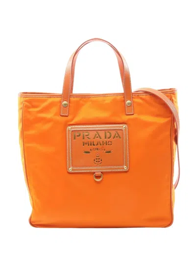 Pre-owned Prada 2010-2026 Saffiano Trimmed Tessuto Logo Plate Tote Satchel In Orange