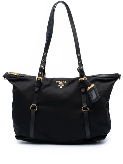 Pre-owned Prada 2010-2026 Saffiano Trimmed Tessuto Satchel In Black