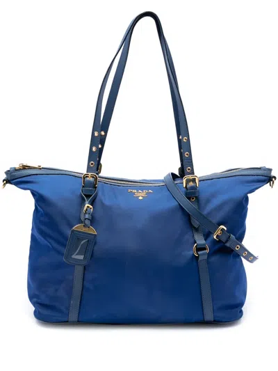 Pre-owned Prada 2010-2026 Saffiano Trimmed Tessuto Satchel In Blue