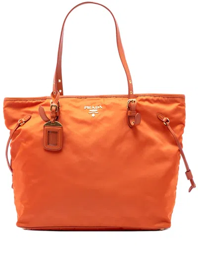 Pre-owned Prada 2010-2026 Saffiano Trimmed Tessuto Tote Bag In Orange