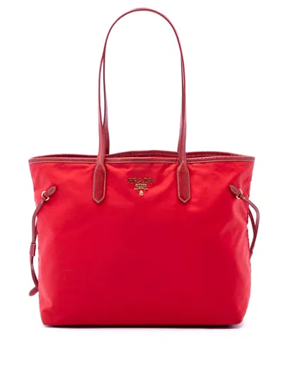 Pre-owned Prada 2010-2026 Saffiano Trimmed Tessuto Tote Bag In Red