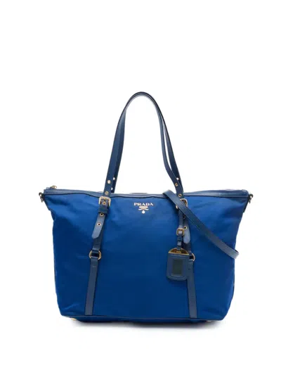 Pre-owned Prada 2010-2026 Saffiano Trimmed Tessuto Zip Top Convertible Tote Satchel In Blue