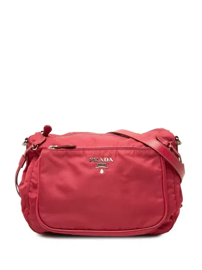Pre-owned Prada 2010-2026 Saffiano Trimmed Tessuto Zip Top Crossbody Bag In Red