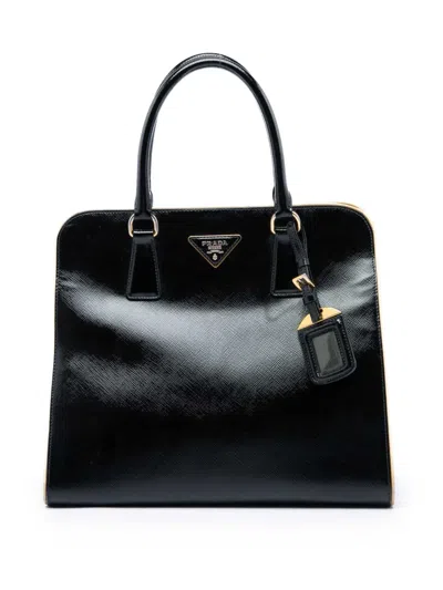 Pre-owned Prada 2010-2026 Saffiano Vernice Open Pyramid Convertible Tote Satchel In Black