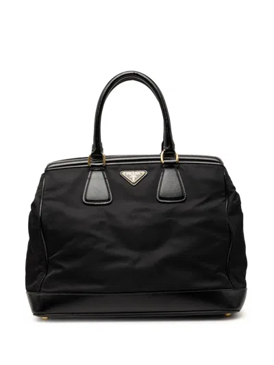 Pre-owned Prada 2010-2026 Saffiano Vernice Trimmed Tessuto Parabole Tote Bag In Black