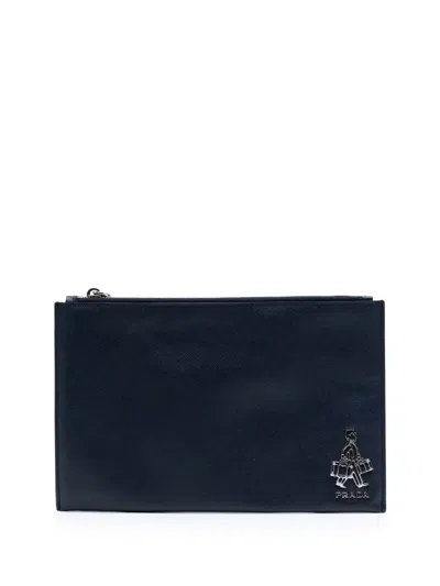 Pre-owned Prada 2010-2026 Saffiano Voyage Document Holder Clutch Bag In Blue