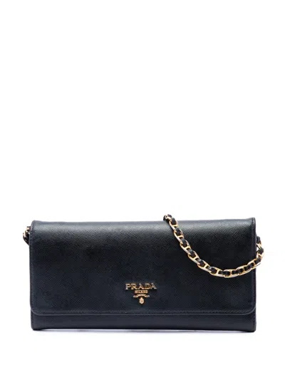 Pre-owned Prada 2010-2026 Saffiano Wallet On Chain Crossbody Bag In Black